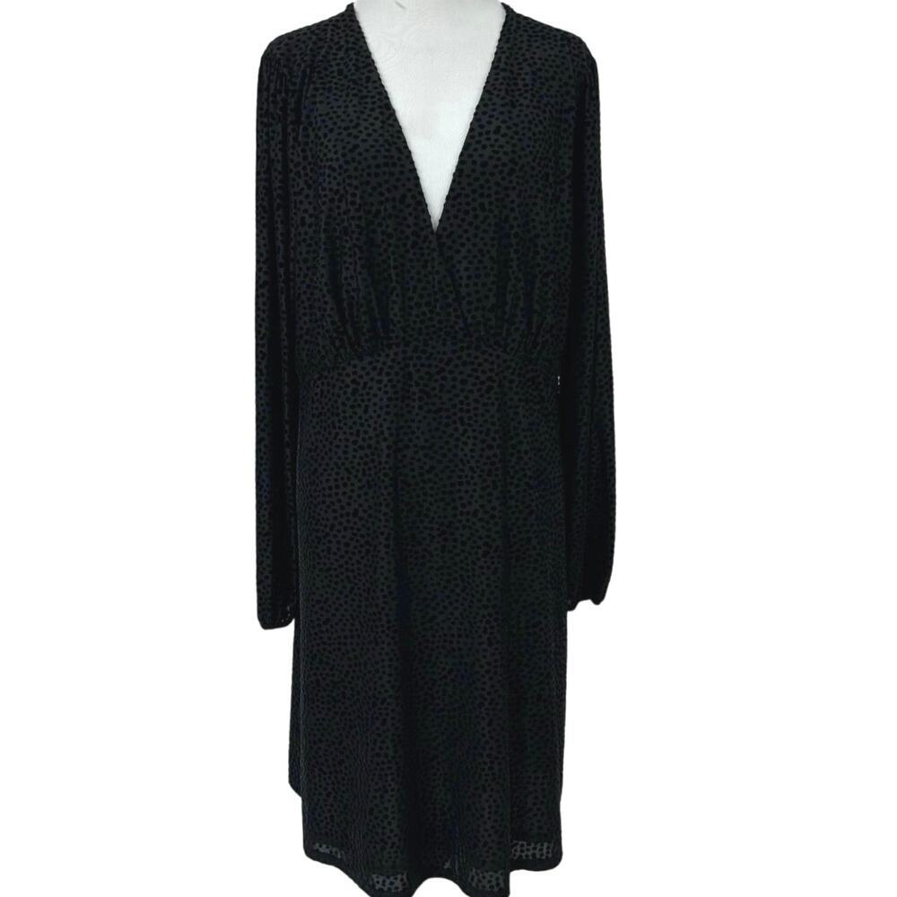 A New Day Black Flocked Polka Dot Dress XXL Long Sleeve V Neck Keyhole